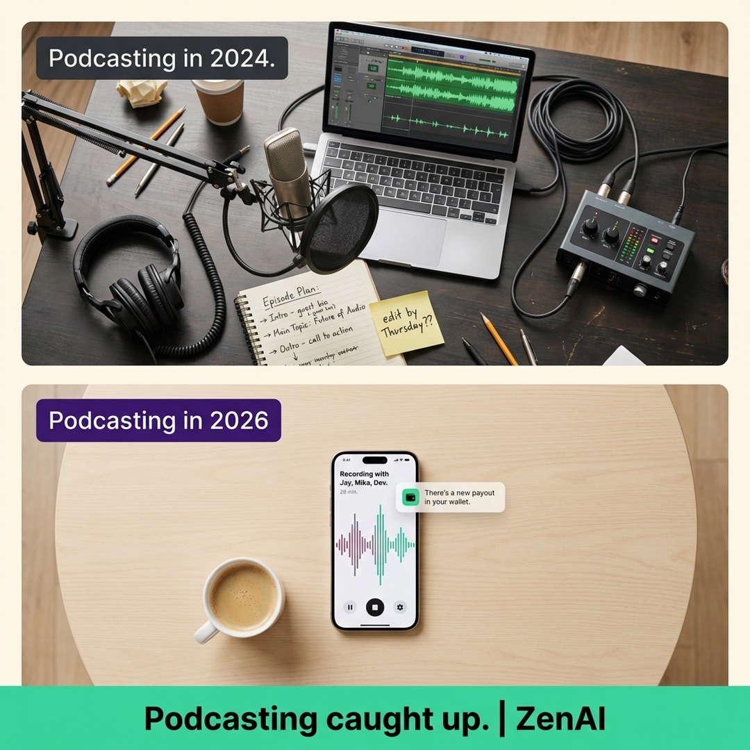 Zencastr comparison advertisement showing podcasting in 2024 and 2026
